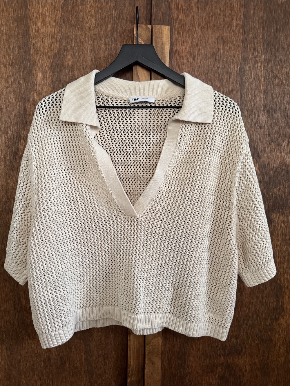 Aritzia TNA Open-Weave V-Neck Polo Sweater in Cream